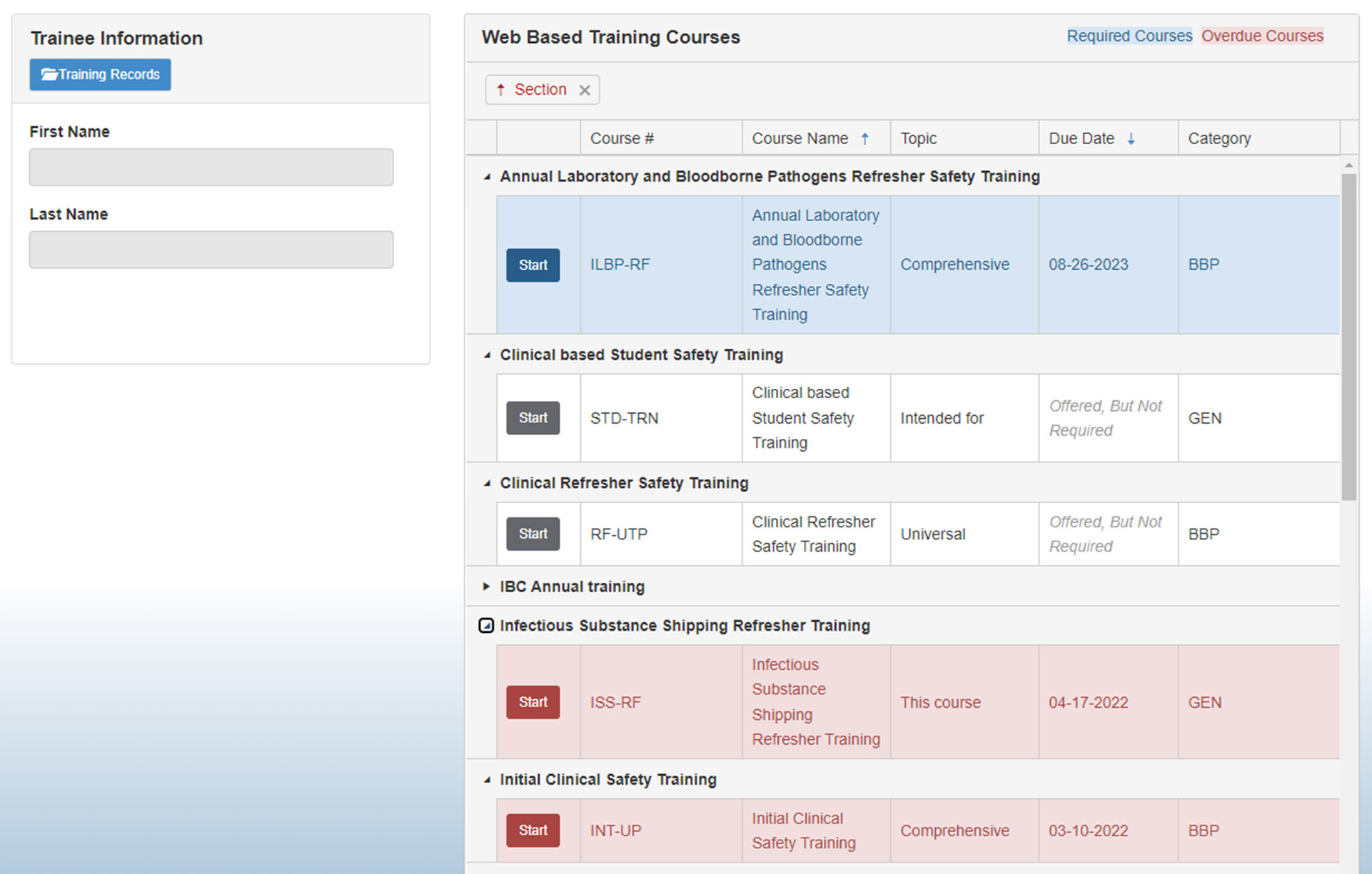 Safety LMS course list